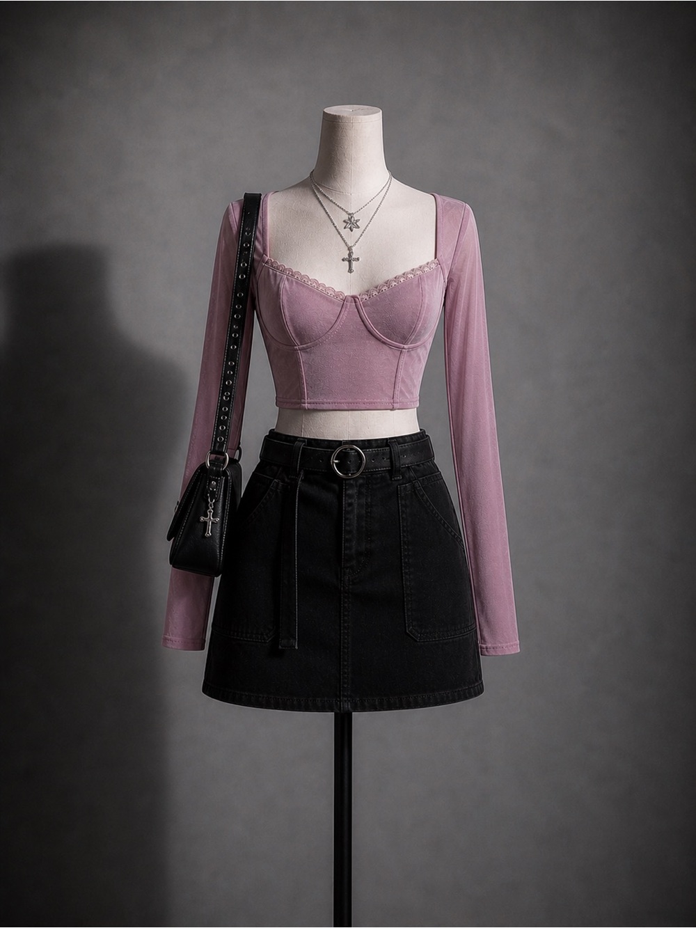Ardene Pink Sheer Lace-Trim Cropped Long Sleeve Top